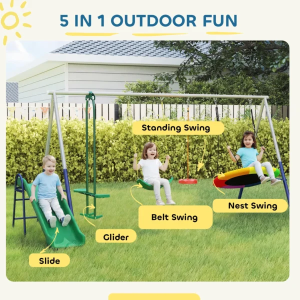 5 In 1 Schommelset Met Glijbaan, In Hoogte Verstelbaar Schommelrek Met Nestschommel 382x196x203 Cm Meerkleurig