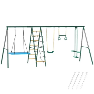 5 in 1 Schommelset Met Verstelbare Nestschommel, Turnringen, Dubbele Zitplaats, Klimrek Voor 3 8 Jaar 440x175x203 Cm