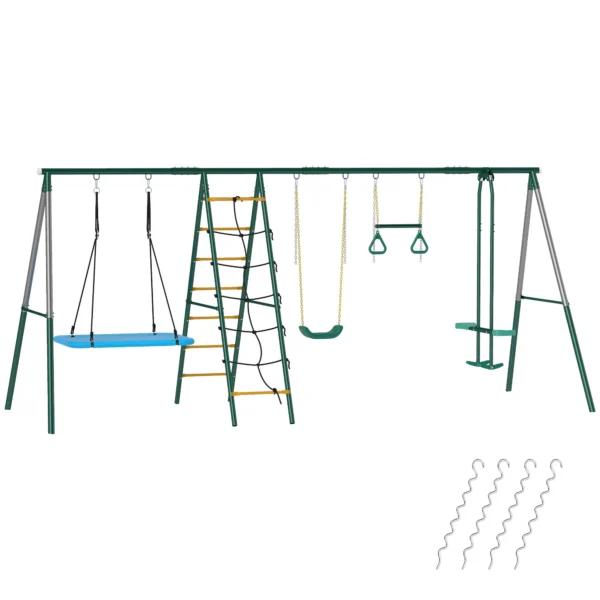 5 in 1 Schommelset Met Verstelbare Nestschommel, Turnringen, Dubbele Zitplaats, Klimrek Voor 3 8 Jaar 440x175x203 Cm