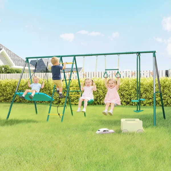 5 in 1 Schommelset Met Verstelbare Nestschommel, Turnringen, Dubbele Zitplaats, Klimrek Voor 3 8 Jaar 440x175x203 Cm