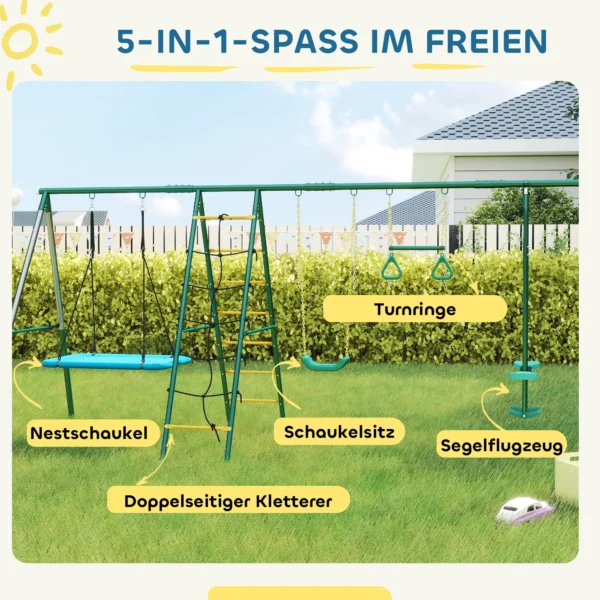 5 in 1 Schommelset Met Verstelbare Nestschommel, Turnringen, Dubbele Zitplaats, Klimrek Voor 3 8 Jaar 440x175x203 Cm
