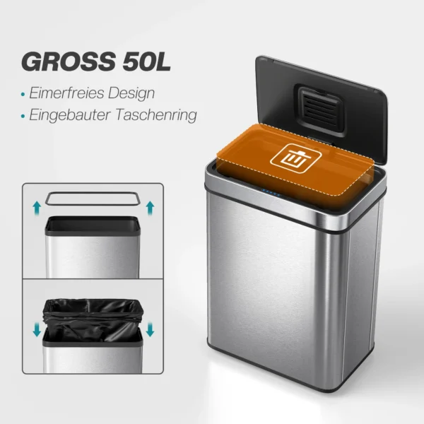 50 L Sensor Prullenbak, Automatische Deksel, Roestvrij Staal, Veelzijdig Bruikbaar, Zilverkleurig