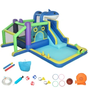 8 in 1 Opblaasbaar Springkasteel Met Haai ontwerp, Blower, Glijbaan, Pierenbadje, Trampoline Voor 3 8 Jaar 405x345x235cm Meerkleurig