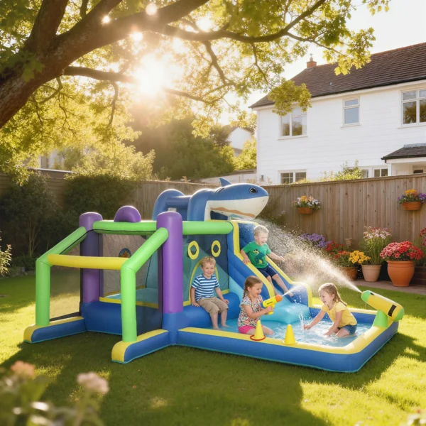 8 in 1 Opblaasbaar Springkasteel Met Haai ontwerp, Blower, Glijbaan, Pierenbadje, Trampoline Voor 3 8 Jaar 405x345x235cm Meerkleurig