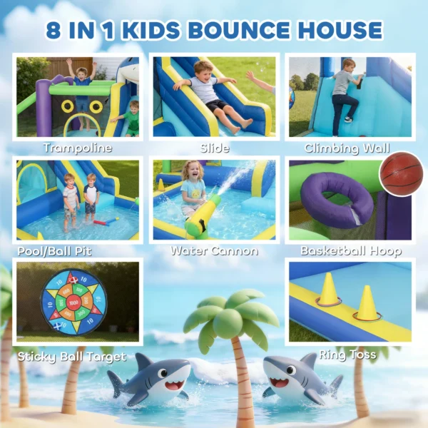 8 in 1 Opblaasbaar Springkasteel Met Haai ontwerp, Blower, Glijbaan, Pierenbadje, Trampoline Voor 3 8 Jaar 405x345x235cm Meerkleurig