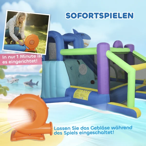 8 in 1 Opblaasbaar Springkasteel Met Haai ontwerp, Blower, Glijbaan, Pierenbadje, Trampoline Voor 3 8 Jaar 405x345x235cm Meerkleurig