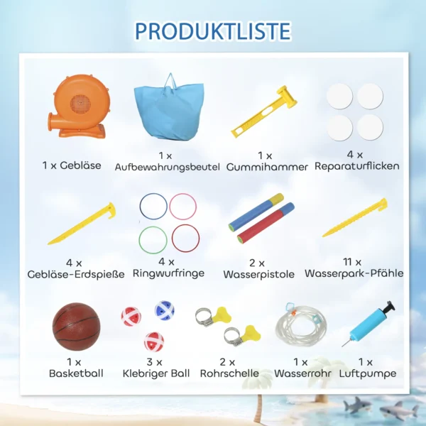 8 in 1 Opblaasbaar Springkasteel Met Haai ontwerp, Blower, Glijbaan, Pierenbadje, Trampoline Voor 3 8 Jaar 405x345x235cm Meerkleurig