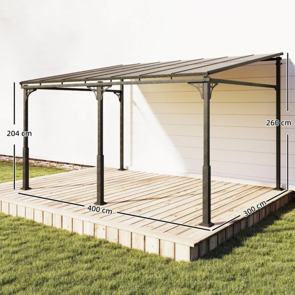 Aanbouwpaviljoen 4 X 3m Terrasoverkapping Met Schuin Polycarbonaat Dak Metalen Aluminium Frame, Wandmontage