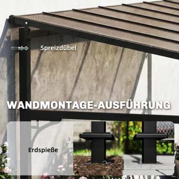 Aanbouwpaviljoen 4 X 3m Terrasoverkapping Met Schuin Polycarbonaat Dak Metalen Aluminium Frame, Wandmontage