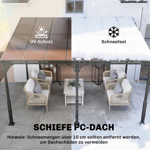 Aanbouwpaviljoen 4 X 3m Terrasoverkapping Met Schuin Polycarbonaat Dak Metalen Aluminium Frame, Wandmontage