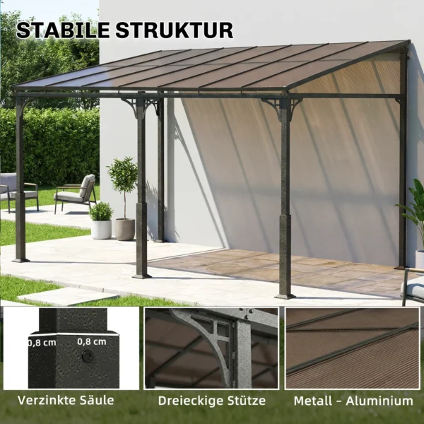 Aanbouwpaviljoen 4 X 3m Terrasoverkapping Met Schuin Polycarbonaat Dak Metalen Aluminium Frame, Wandmontage