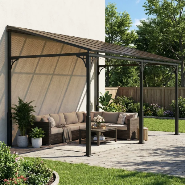 Aanbouwpaviljoen 4 X 3m Terrasoverkapping Met Schuin Polycarbonaat Dak Metalen Aluminium Frame, Wandmontage