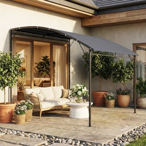 Aanbouwpaviljoen Pergola Met Metalen Frame Dak, Weerbestendig Wandgemonteerd Paviljoen Luifel 2,86 X 3,84 X 2,52 M Grijs