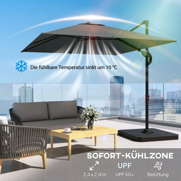 Alu Ampelscherm Ø244cm Parasol Met Kruk Stand Waterafstotend 360° Draaibaar Donkergrijs