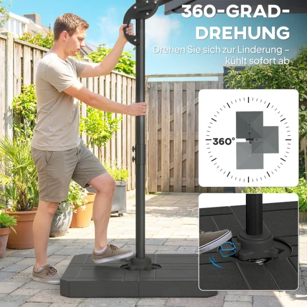 Alu Ampelscherm Ø244cm Parasol Met Kruk Stand Waterafstotend 360° Draaibaar Donkergrijs