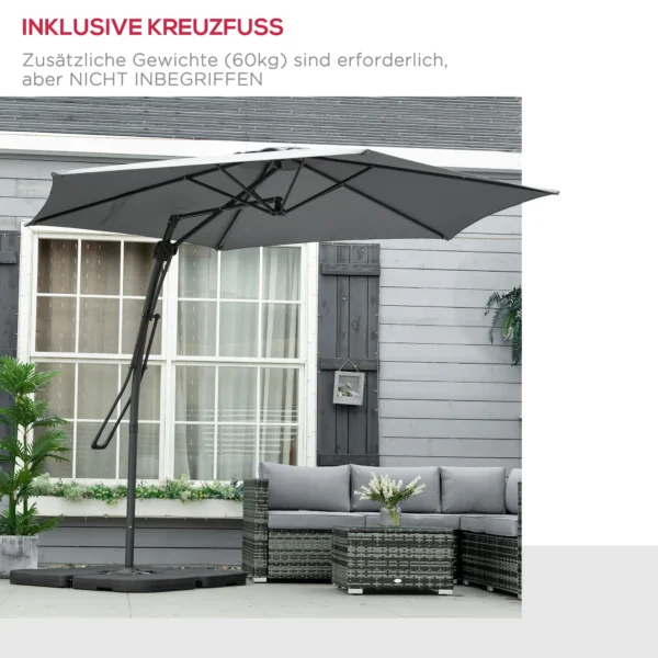 Ampelscherm Ø293cm Parasol Met Zijhendel Kruisbasis, Windscherm Waterafstotend Donkergrijs