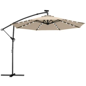Ampelschirm LED Solar Ca. Ø300 Cm Draaibare Parasol Met Kruk Stand Beige Beschermhoes