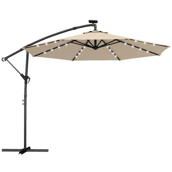 Ampelschirm LED Solar Ca. Ø300 Cm Draaibare Parasol Met Kruk Stand Beige Beschermhoes