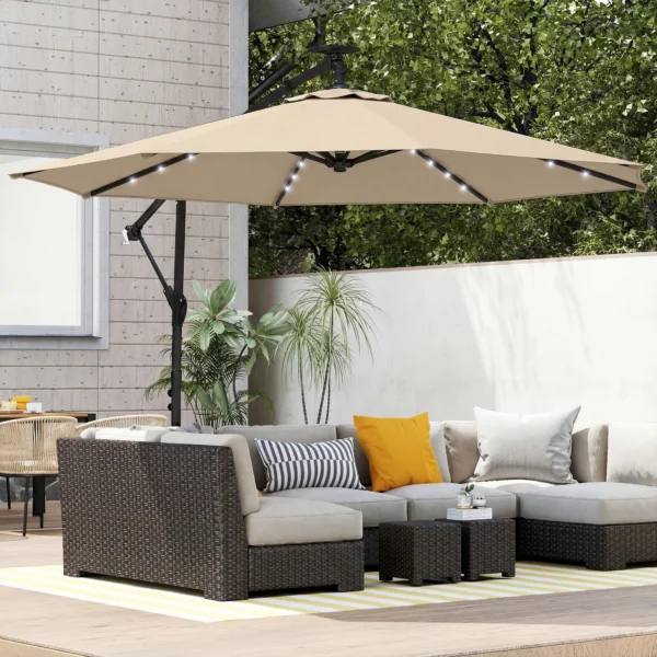 Ampelschirm LED Solar Ca. Ø300 Cm Draaibare Parasol Met Kruk Stand Beige Beschermhoes