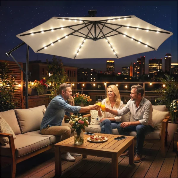 Ampelschirm LED Solar Ca. Ø300 Cm Draaibare Parasol Met Kruk Stand Beige Beschermhoes
