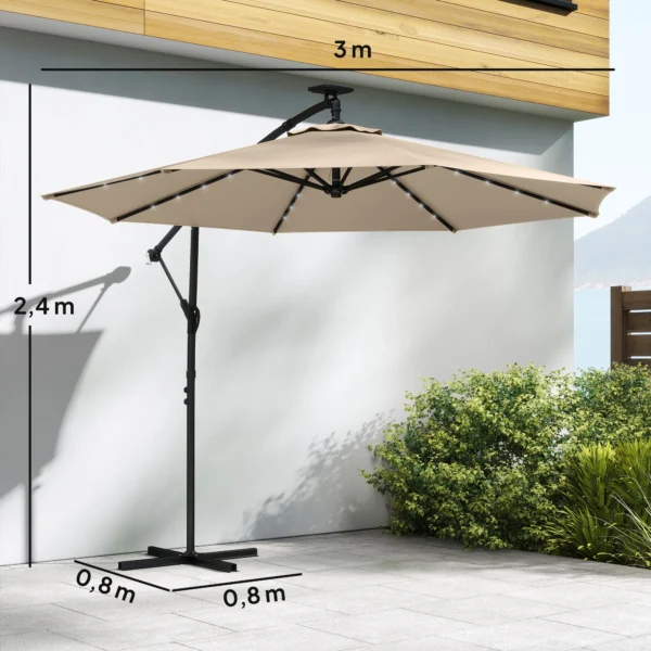 Ampelschirm LED Solar Ca. Ø300 Cm Draaibare Parasol Met Kruk Stand Beige Beschermhoes