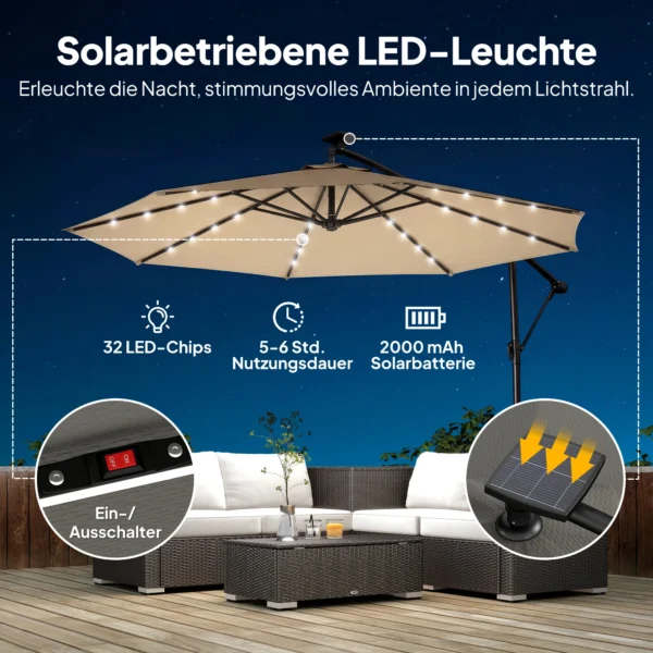 Ampelschirm LED Solar Ca. Ø300 Cm Draaibare Parasol Met Kruk Stand Beige Beschermhoes