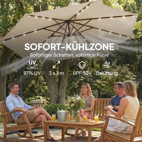 Ampelschirm LED Solar Ca. Ø300 Cm Draaibare Parasol Met Kruk Stand Beige Beschermhoes