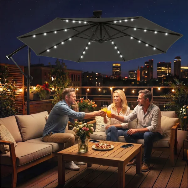 Ampelschirm LED Solar Ca. Ø300 Cm Draaibare Parasol Met Kruk Stand Schutshoes Donkergrijs