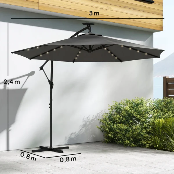 Ampelschirm LED Solar Ca. Ø300 Cm Draaibare Parasol Met Kruk Stand Schutshoes Donkergrijs