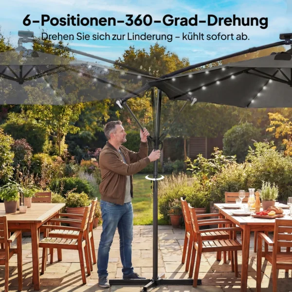 Ampelschirm LED Solar Ca. Ø300 Cm Draaibare Parasol Met Kruk Stand Schutshoes Donkergrijs