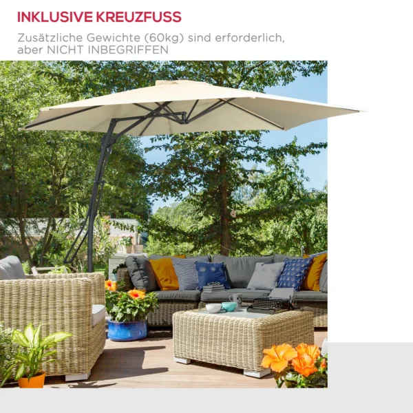 Ampelschirm Ø293cm Parasol Met Zijhendel Kruisbasis, Windscherm Waterafstotend Crèmewit