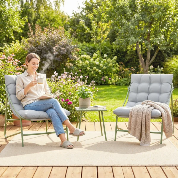 Balkonmeubelset 3 delig Tuinmeubelset Met Tafel Kussens Stalen Frame Verstelbare Voetpads Lichtgrijs