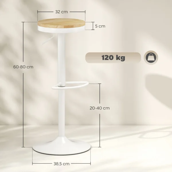 Barkrukken Set Van 2, In Hoogte Verstelbaar 360° Draaibare Barstoel Met Stalen Frame Voetensteun 38,5x38,5x60 80 Cm Natuurhout+Wit