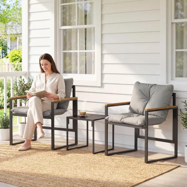 Bistro Set Voor 2 Personen, 3 delig Tuin bistro set Met Metalen Frame En Dikke Kussens