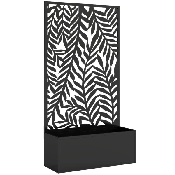 Bloembak Met Zichtbescherming Plantenbak Met Klimrek Tropische Bladmotieven 61 X 23 X 113 Cm Zwart