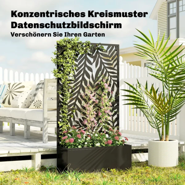Bloembak Met Zichtbescherming Plantenbak Met Klimrek Tropische Bladmotieven 61 X 23 X 113 Cm Zwart