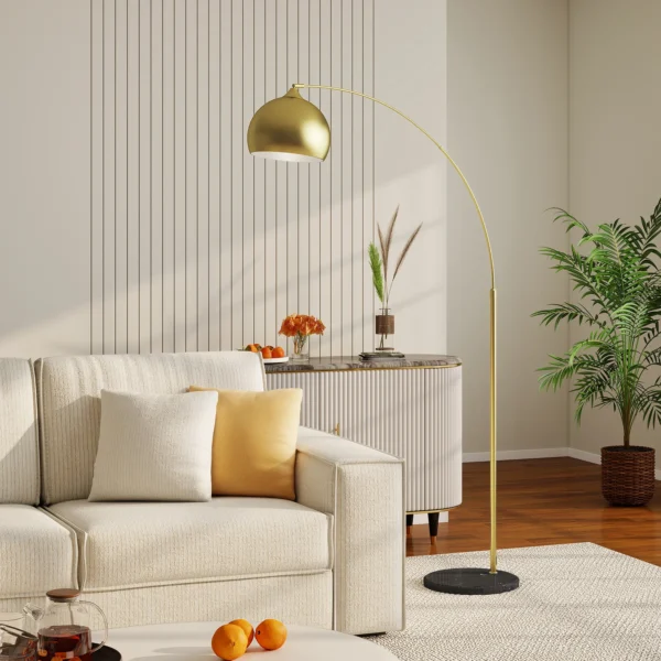 Booglamp, Staande Lamp, In Hoogte Verstelbaar, Voetschakelaar, Basis In Marmerlook, 170 180cm, Goud/Zwart