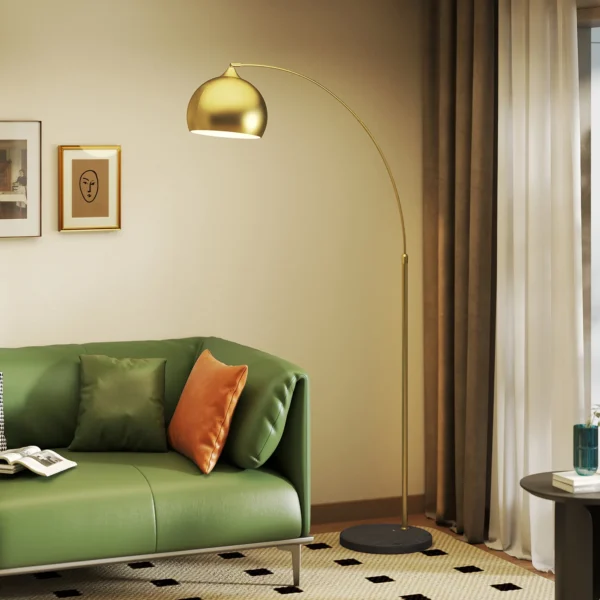 Booglamp, Staande Lamp, In Hoogte Verstelbaar, Voetschakelaar, Basis In Marmerlook, 170 180cm, Goud/Zwart