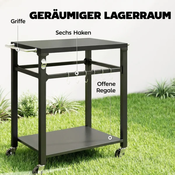 Buiten Grillwagen, Pizzaoventafel Met Metalen Oppervlak, 2 laags Rijdende Keukenstation Met Haken En Handvat, Zwart