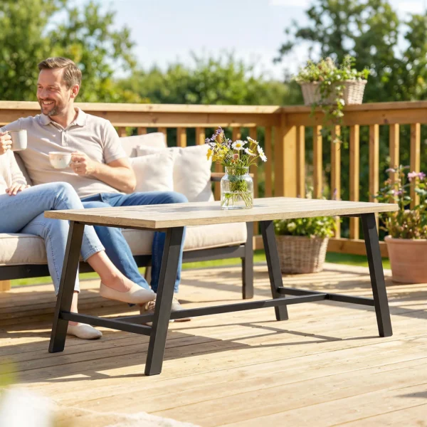 Buitencouchtafel, Rechthoekige Metalen Bijzettafel Met Tafelblad In Houtlook, 100 X 55 Cm, Bruin