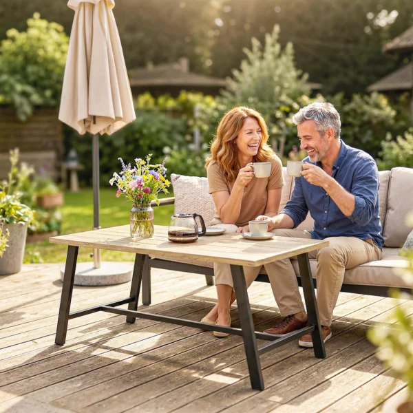 Buitencouchtafel, Rechthoekige Metalen Bijzettafel Met Tafelblad In Houtlook, 100 X 55 Cm, Bruin