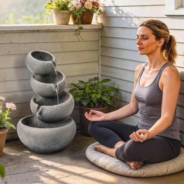 Buitenfontein Van Kunsthars Met 4 Niveaus, Tuinfontein Met LED verlichting, Pomp, Steenlook 35 X 32 X 50 Cm