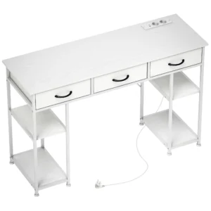 Bureau Keukentafel Met 2 USB laadpoorten 2 Stopcontacten Verstelbare Planken 3 Stoffen Lades 120x40x76 Cm Wit