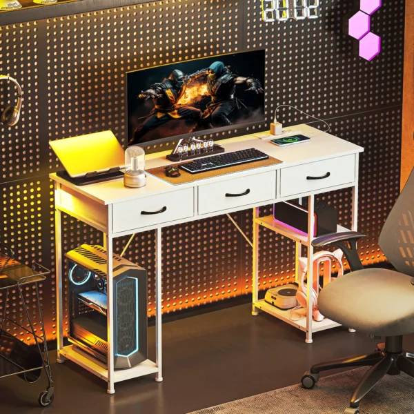 Bureau Keukentafel Met 2 USB laadpoorten 2 Stopcontacten Verstelbare Planken 3 Stoffen Lades 120x40x76 Cm Wit