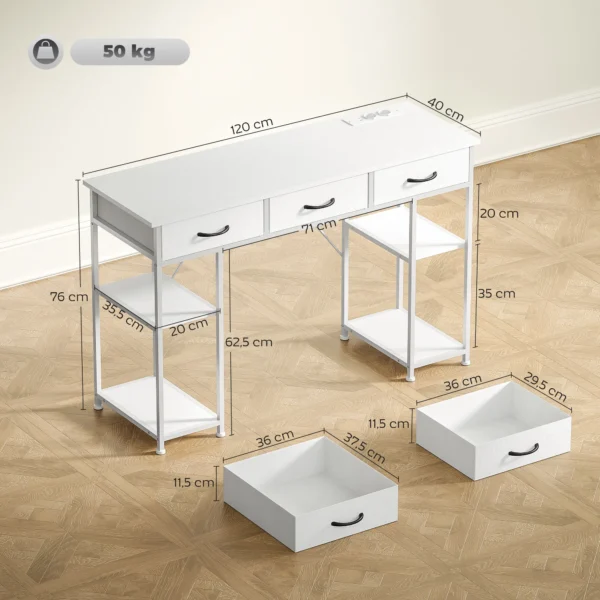 Bureau Keukentafel Met 2 USB laadpoorten 2 Stopcontacten Verstelbare Planken 3 Stoffen Lades 120x40x76 Cm Wit