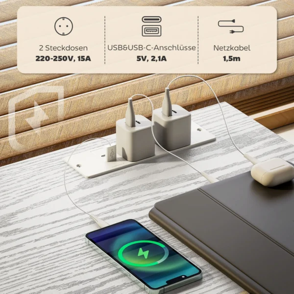 Bureau Keukentafel Met 2 USB laadpoorten 2 Stopcontacten Verstelbare Planken 3 Stoffen Lades 120x40x76 Cm Wit