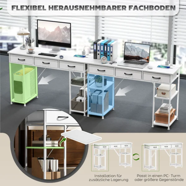 Bureau Keukentafel Met 2 USB laadpoorten 2 Stopcontacten Verstelbare Planken 3 Stoffen Lades 120x40x76 Cm Wit