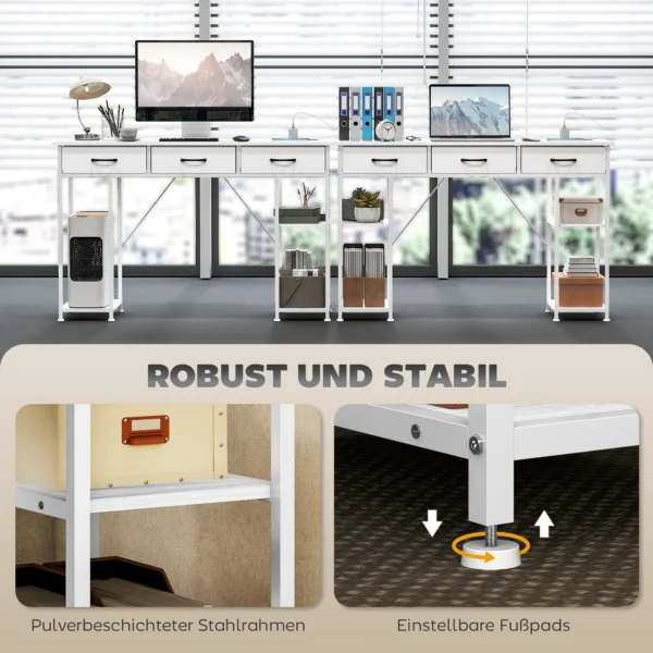Bureau Keukentafel Met 2 USB laadpoorten 2 Stopcontacten Verstelbare Planken 3 Stoffen Lades 120x40x76 Cm Wit