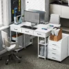 Bureau Keukentafel Met 2 USB laadpoorten 2 Stopcontacten Verstelbare Planken 3 Stoffen Lades 120x40x76 Cm Wit