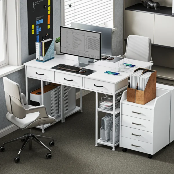 Bureau Keukentafel Met 2 USB laadpoorten 2 Stopcontacten Verstelbare Planken 3 Stoffen Lades 120x40x76 Cm Wit